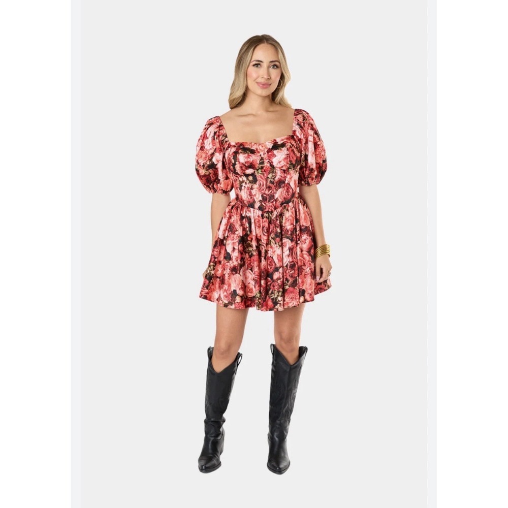 Buddy Love Romeo Dress Size Small Puff Sleeves Corset Top Red Autumn Rose Floral